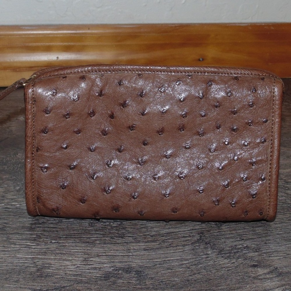 Cece Cord Pouch Womens Small Brown Good Genuine Ostrich Leather Zip Cosmetic Bag